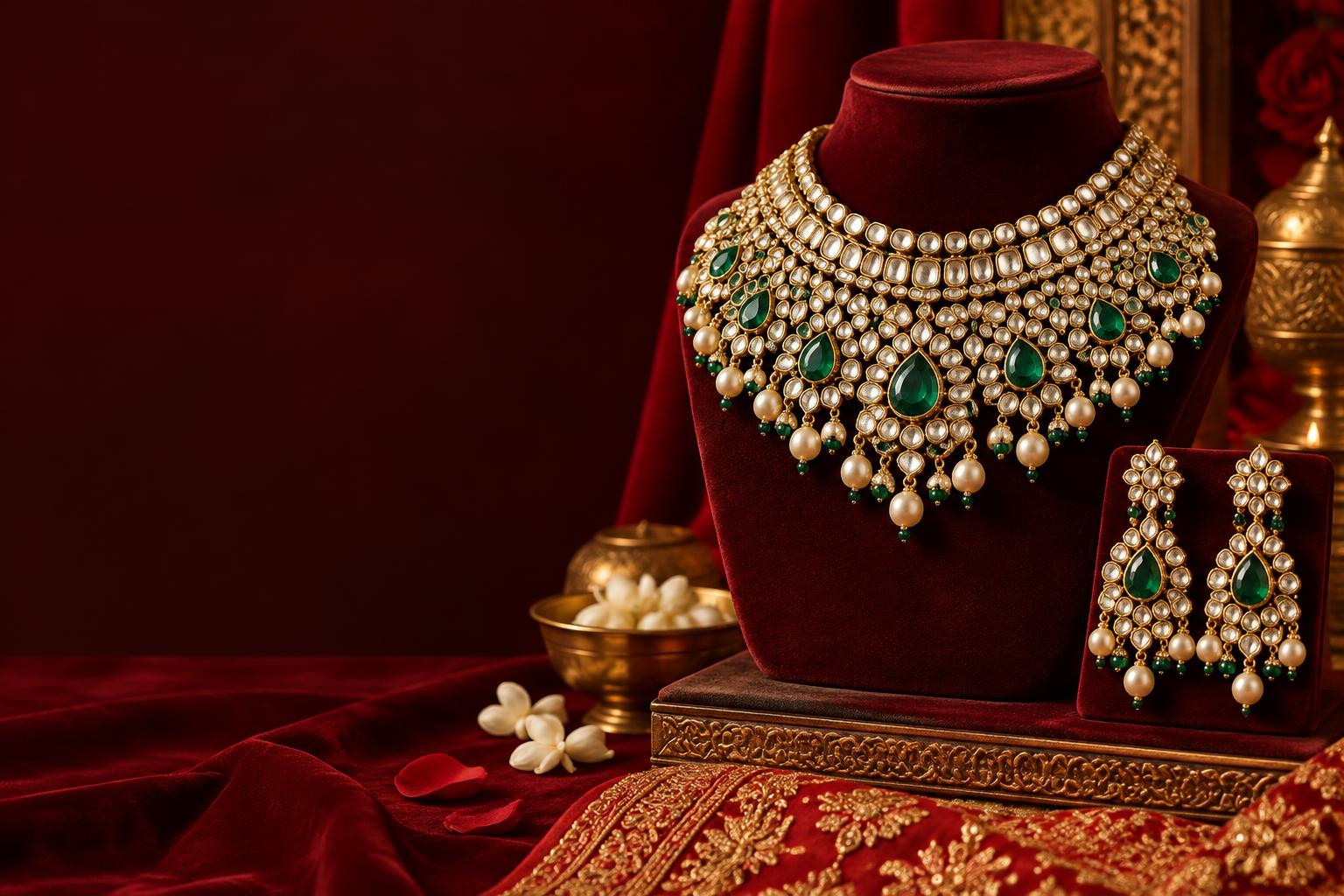 Kundan bridal necklace and earrings on burgundy velvet