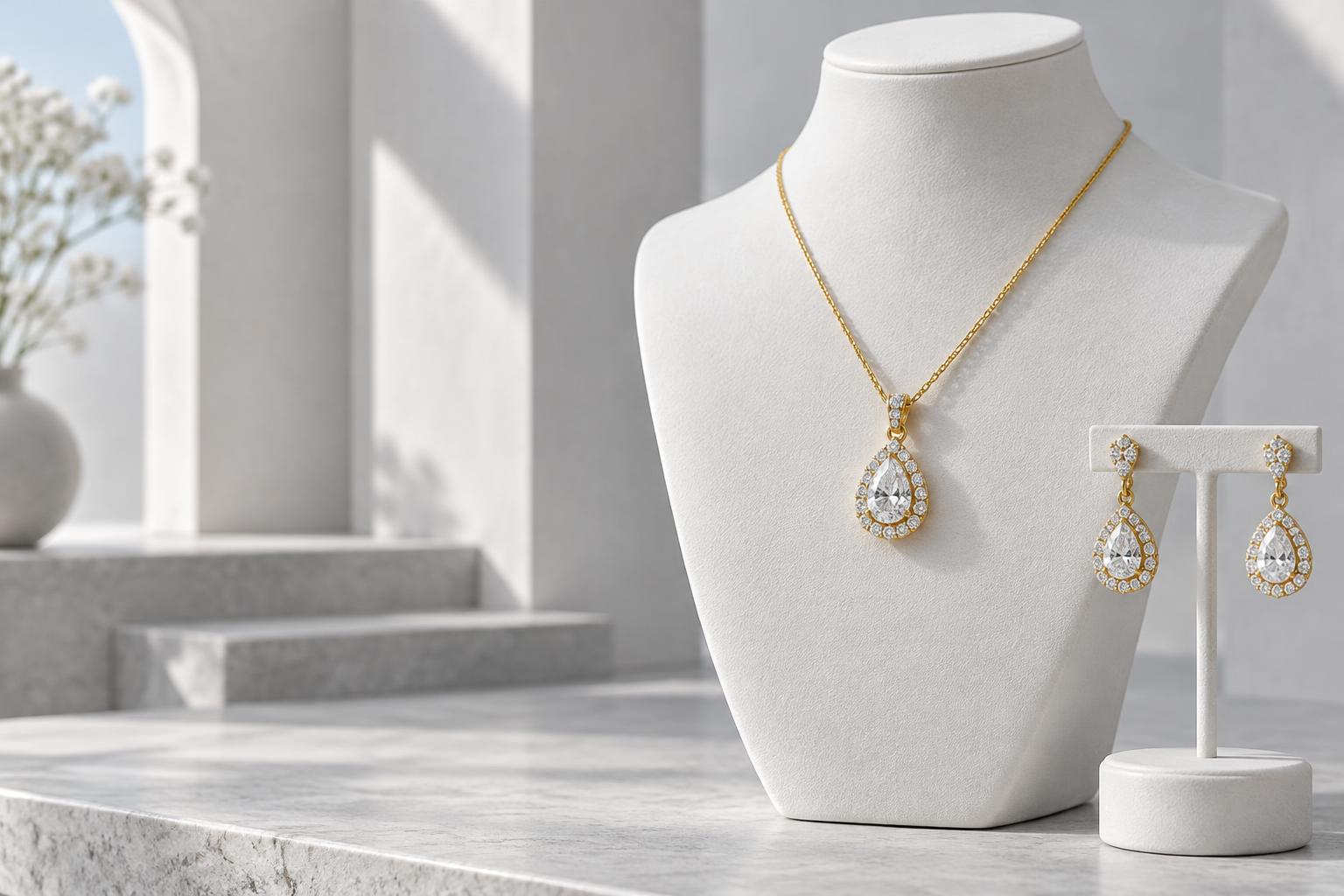 Diamond pendant and earrings on a white display