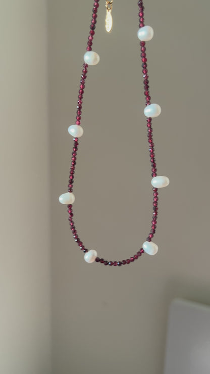 Red garnet with natural pearl necklace